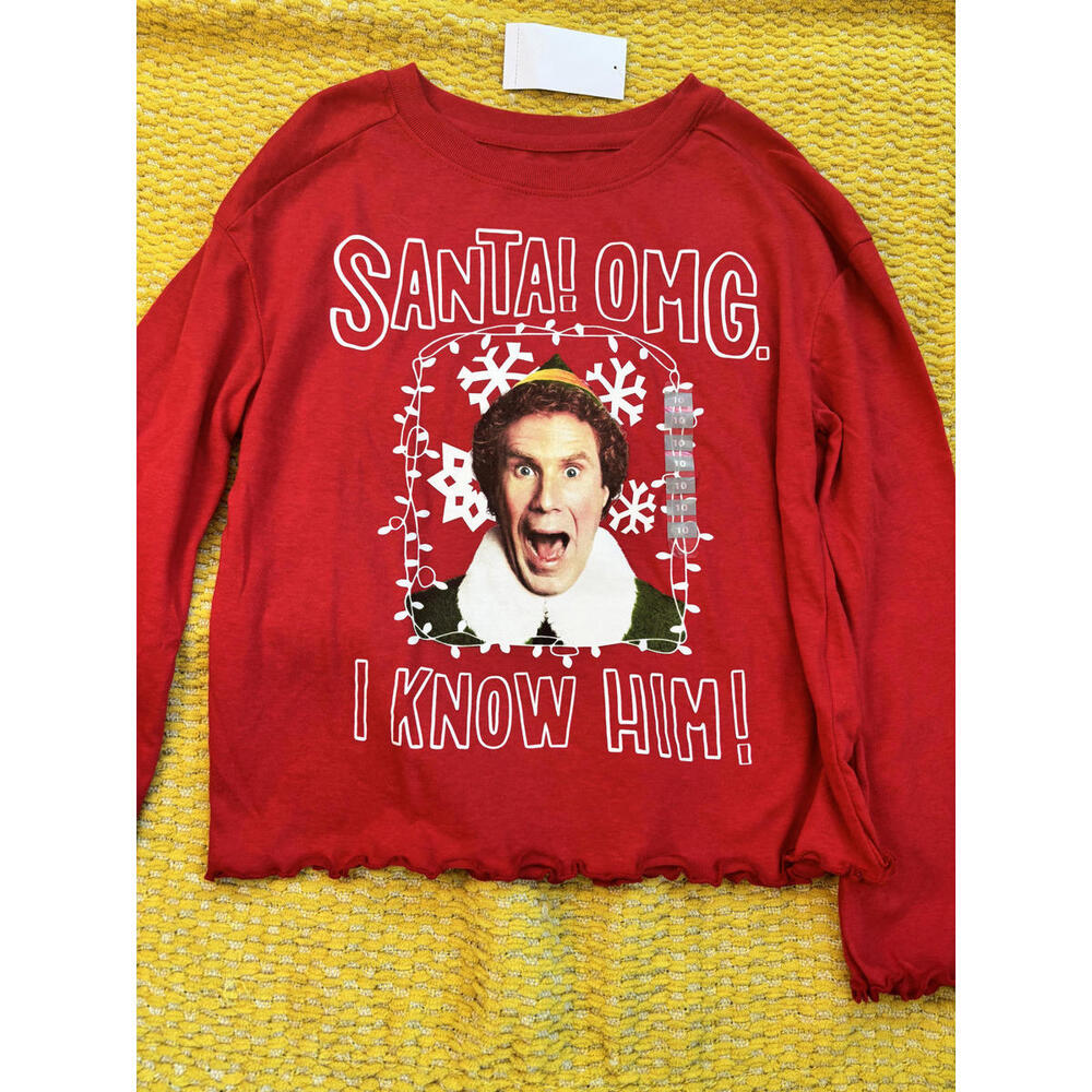 Elf Red Holiday Themed Shirt with 'Santa! OMG. I Know Him!' Print Girls size 10‎